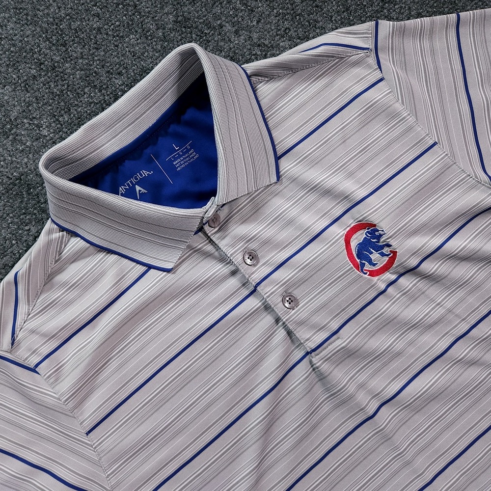 Chicago Cubs Mens Short Sleeve Polo Shirt Large Antigua Gray Blue Striped Golf